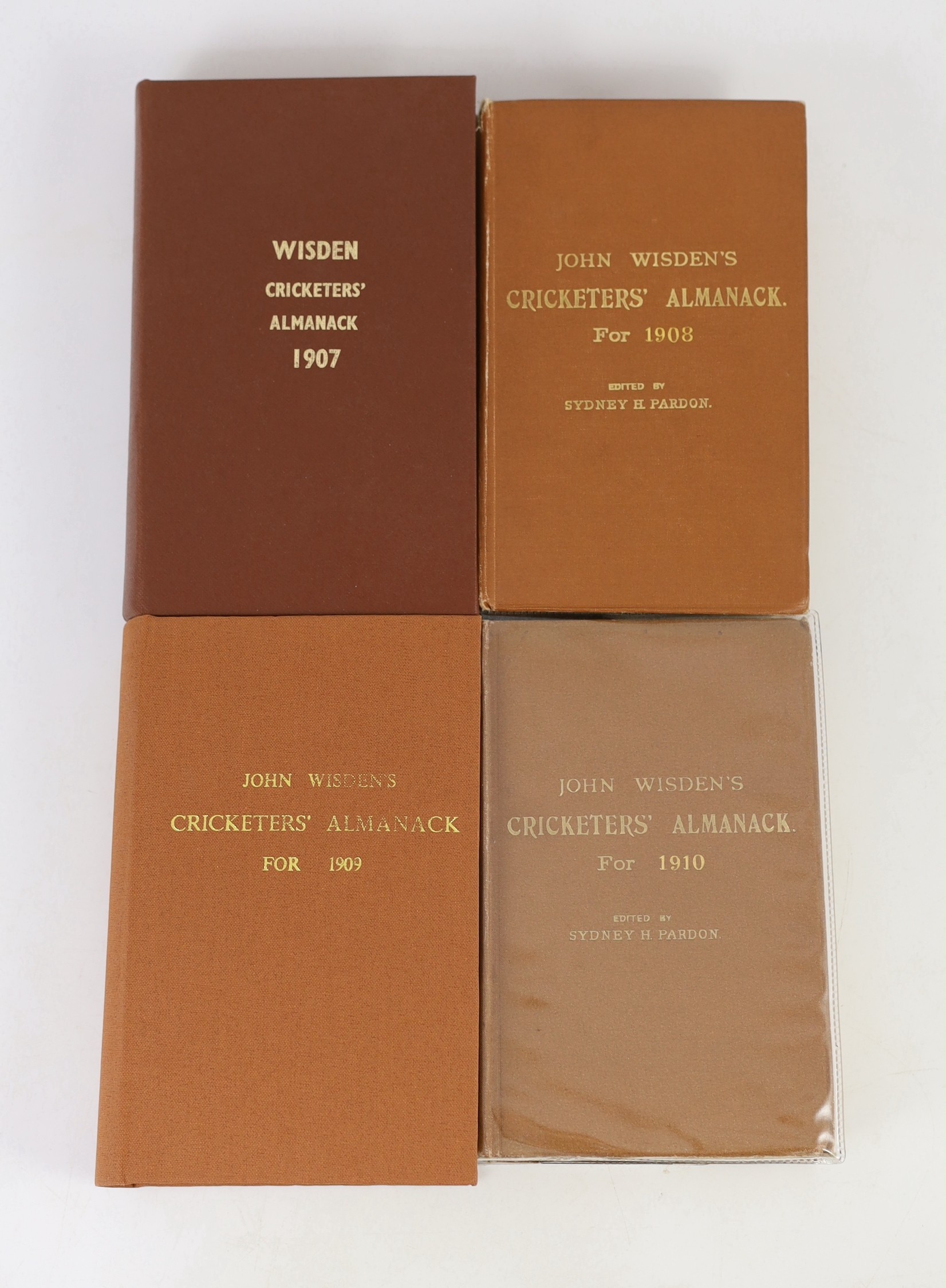 Wisden, John - Cricketers’ Almanack for the years 1907 (44th edition) - 1913 (Jubilee number), all rebound brown cloth gilt, and retaining original paper wrappers, bar issue of 1912, lower paper margin to front wrapper o